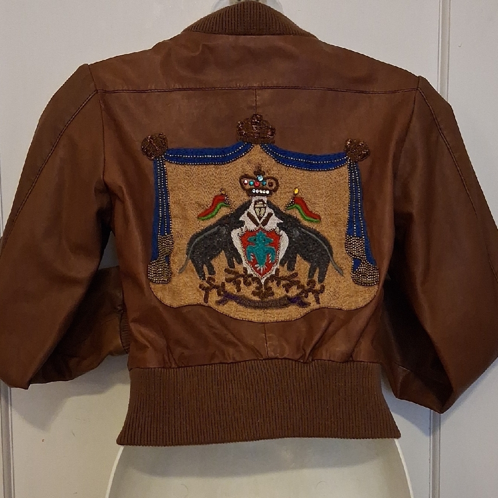 Antik Batik Tan Leather Jacket With Elaborate Embroidery On Back XS 16" Underarm